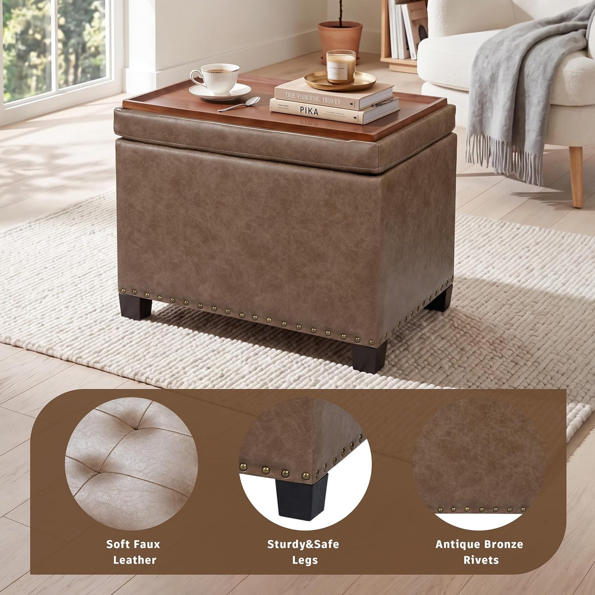 Homebeez 22" Storage Ottoman Coffee Table with Flip Top Tray, Tufted Faux Leather Footrest Stool with Nailhead Trim, Large Foot Rest for Living Room, Taupe Brown