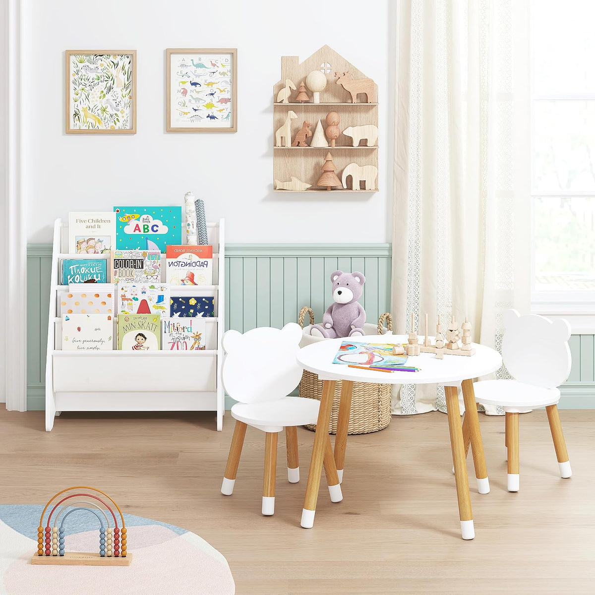UTEX Kids Wood Table and Chair Set and Kids Sling Bookshelf