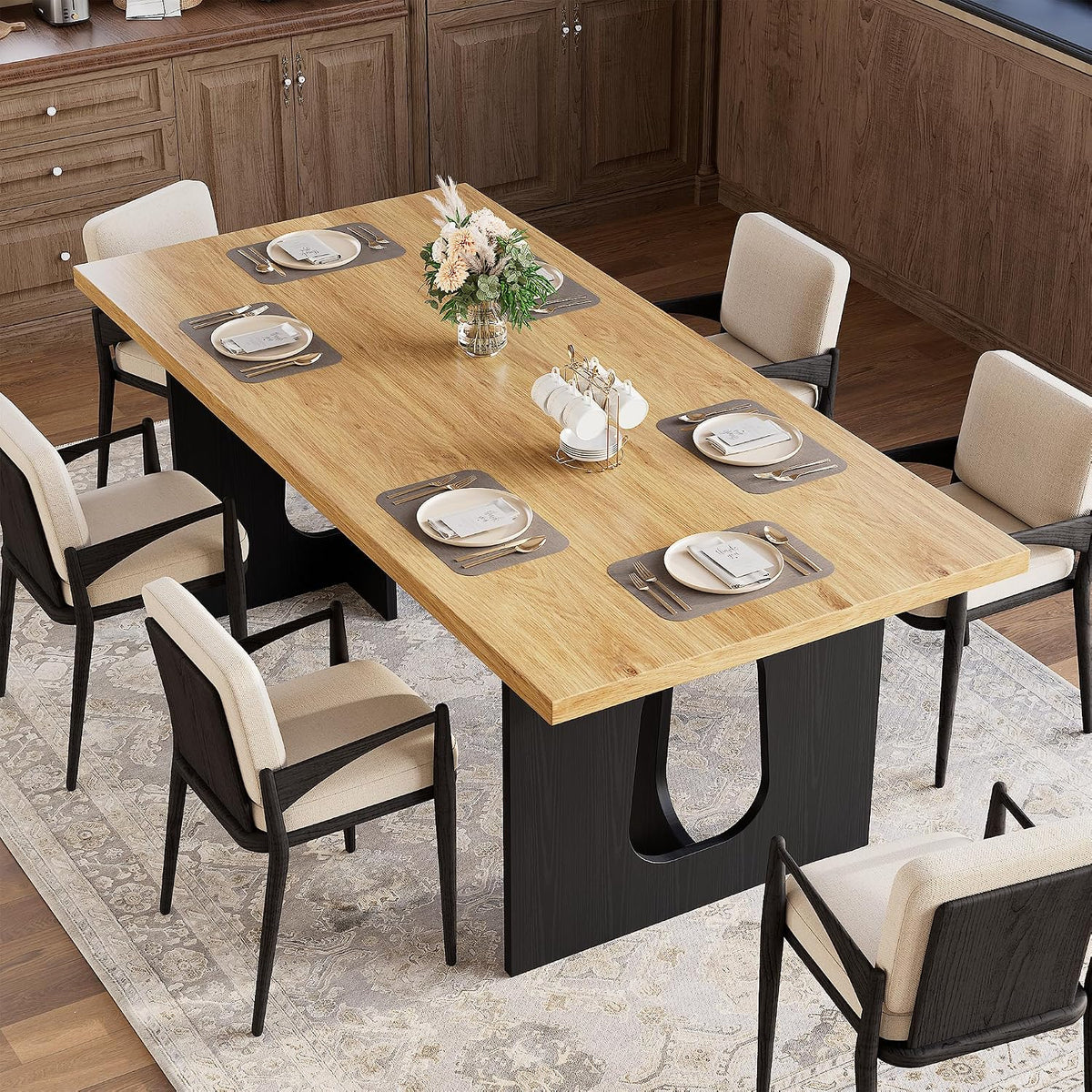 GarveeHome Dining Table for 6-8 People - 71" Modern Long Kitchen Table with Large Tabletop & Heavy Duty Pedestal Legs, Dinner Table for Kitchen, Conference Room, Home, Natural & Black