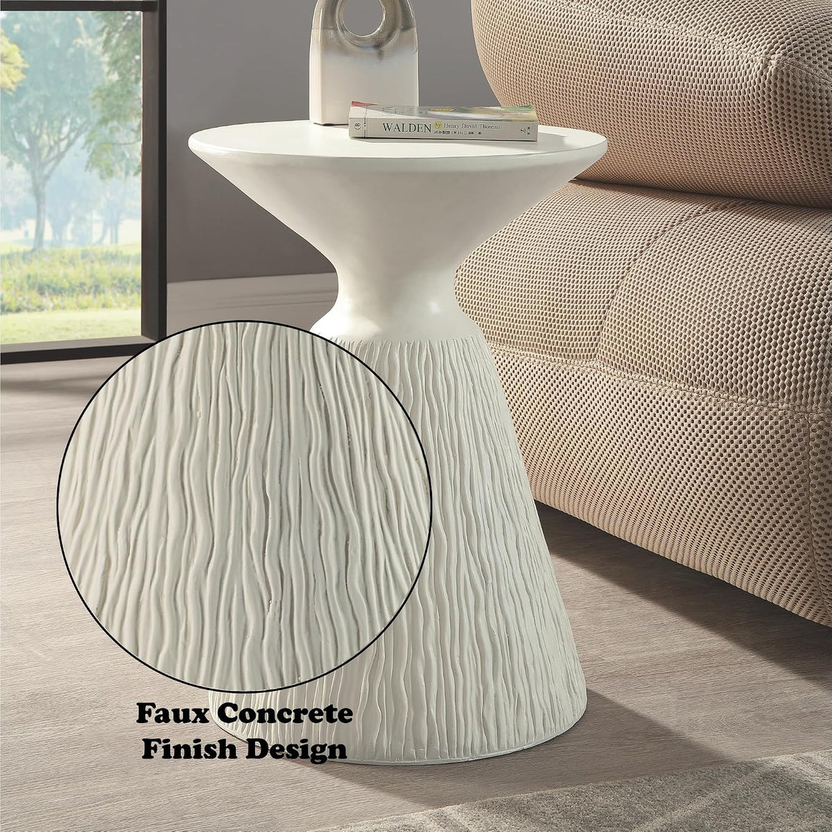 ø16'' Faux Concrete Cement Round Side Table End Table for Living Room, Modern Contemporary Minimalist White Finish Style, Fiber Concrete Material, No Assembly, White