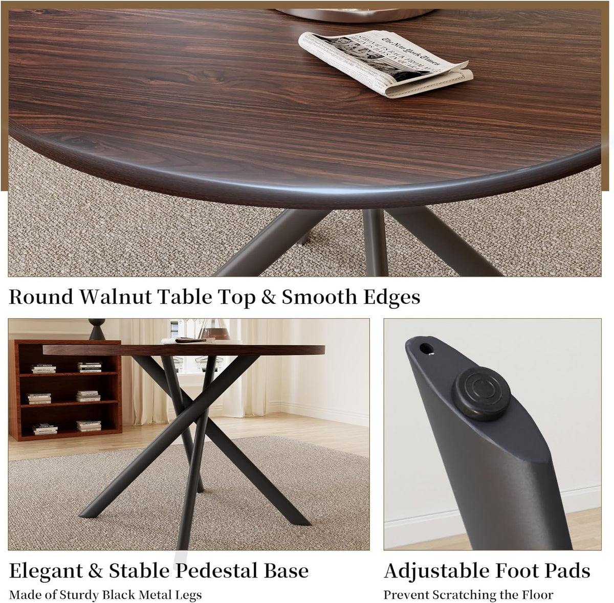 HIPIHOM 45.3 Inch Round Dining Table Set for 4, Mid Century Modern MDF Coffee Set for Dining Room Kitchen Apartment (Dark Walnut Table + 4 U-Shaped Black Chairs)