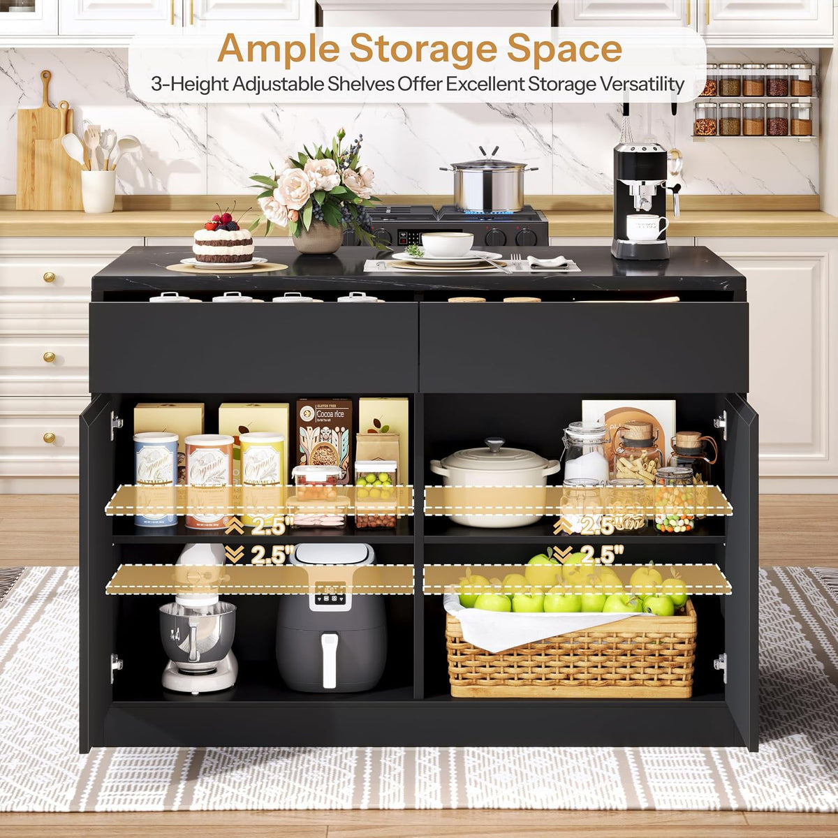 DynJest Kitchen Island with Storage, 47.2" Large Faux Marble Countertop Kitchen Island with 2 Drawers and Adjustable Shelves, Coffee Bar Station, Beveled Edge Door Cabinet, Black Tabletop + Black