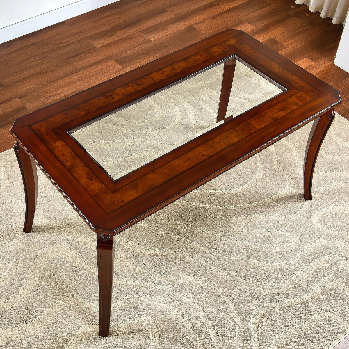 Rectangular Glass Dining Table 59” with Cherry Veneer Frame and Solid Wood Legs, for 4-6 People Tempered Glass Tabletop for Dining Room or Kitchen,Easy Assemble, Cherry Brown, CZ-A1168-GT