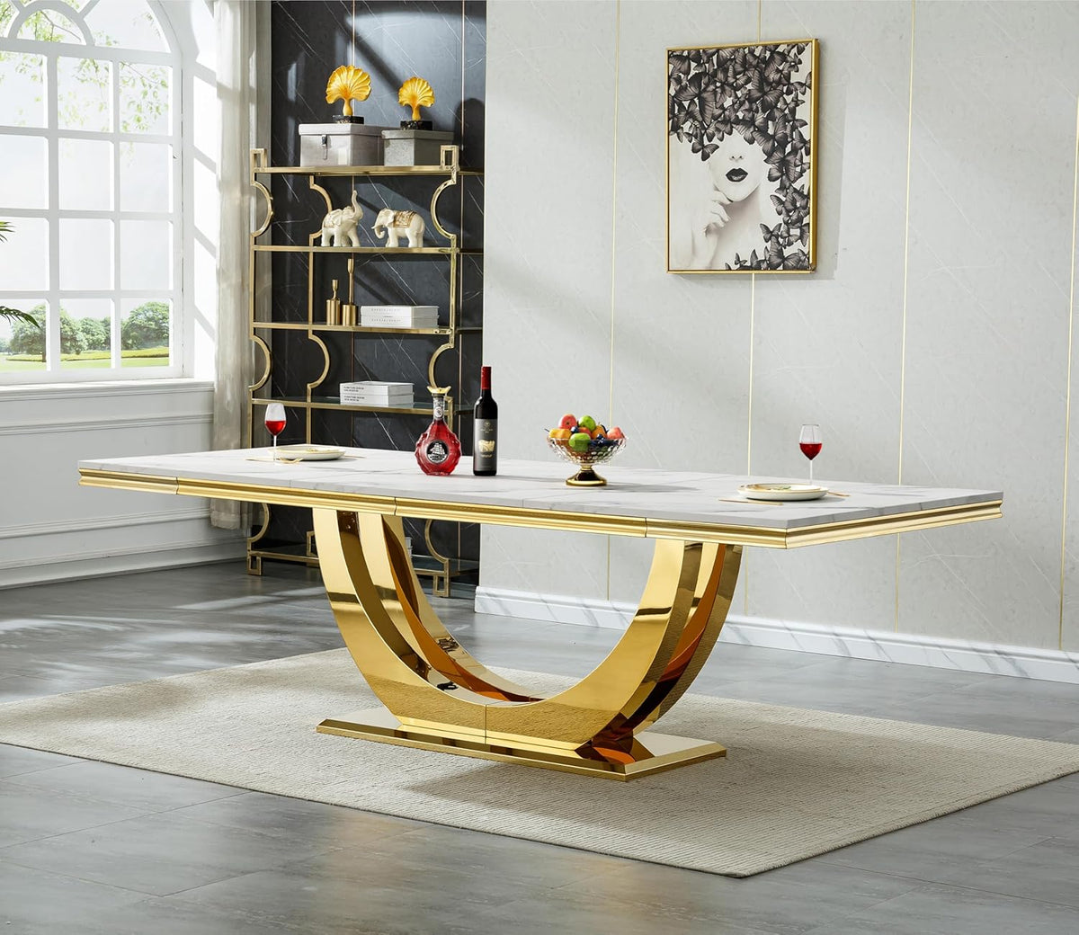 94 in Luxury Faux Marble Dining Table for 6 8 10 People, White Faux Marble Dining Table with Gold U Shaped Stainless Steel Base, Large Rectangular Modern Kitchen Dining Room Table for Family Gathering