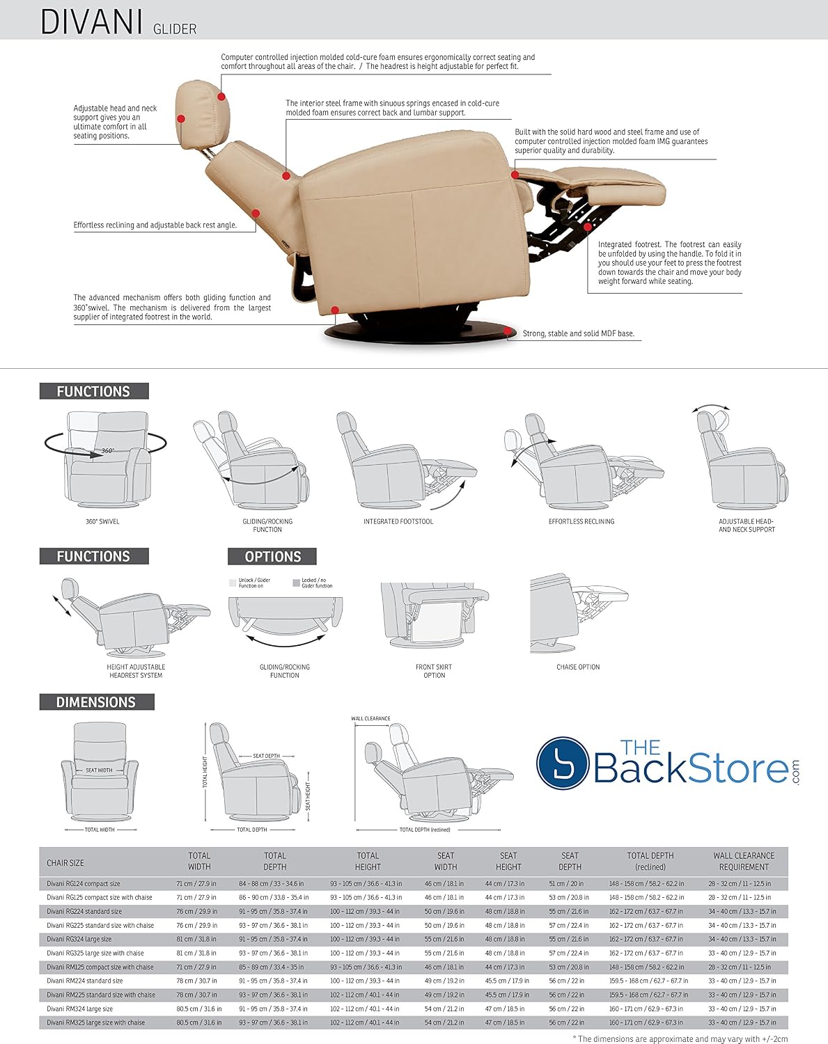IMG Divani RG 225 Medium Glider Relaxer Rocking Recliner Swivel Chair - Trend Sand Leather Manual Recline - Adjustable Headres