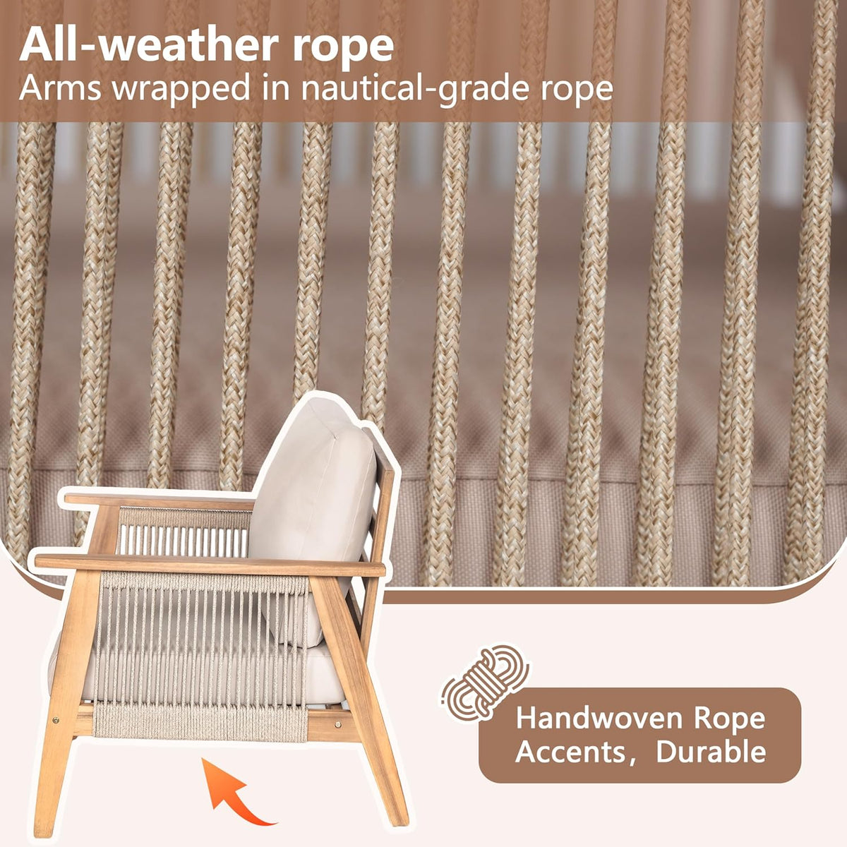 Christopher Knight Home Outdoor 3 Seater Patio Sofa with Acacia Wood Frame and Rope Weave Design, Cushioned Garden Couch with Removable Covers for Patio Deck Balcony, Teak and Beige