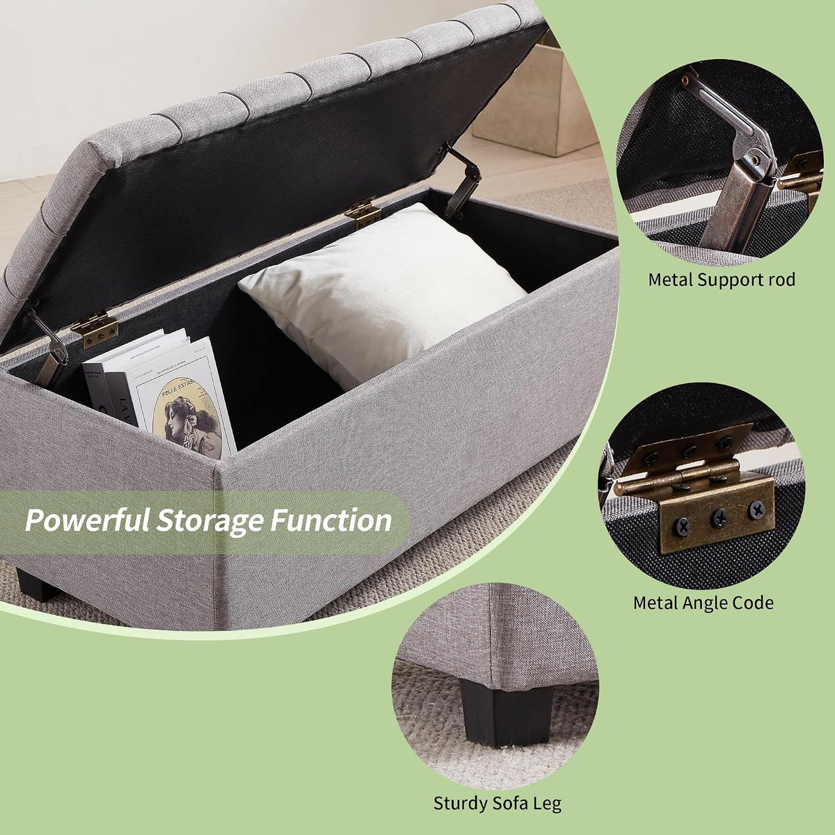 38-inch Grey Fabric Storage Ottoman Bench with Hinged Lid - Long End of Bed Bench for Bedroom, Living Room & Entryway, Footrest Seat Trunk