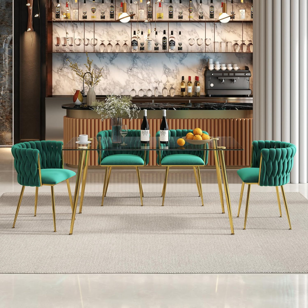 Baysitone 63" Modern Glass Dining Table with 4 Green Velvet Dining Chairs, Gold Metal Legs - Stylish 5-Piece Dining Set for Home