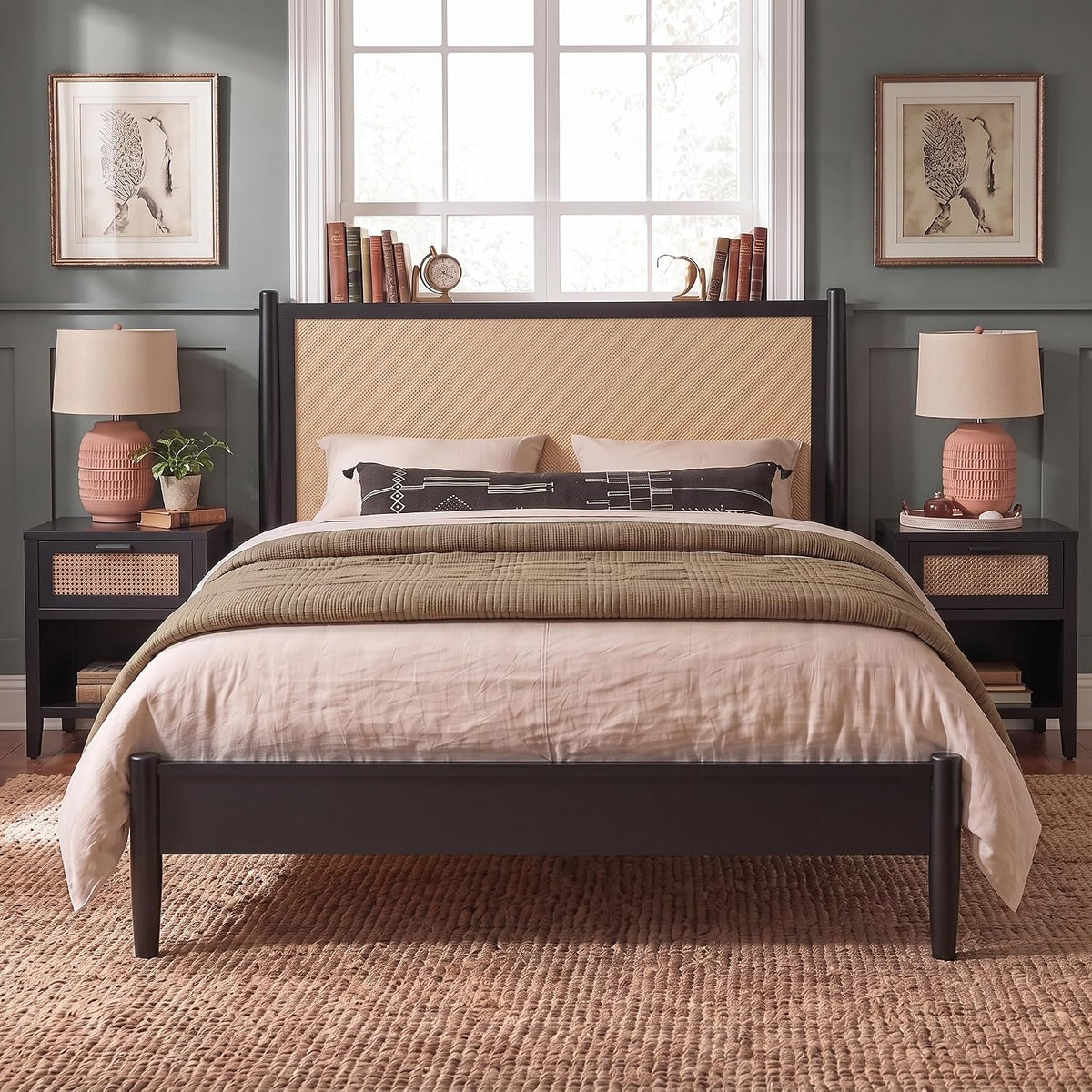 Merax Black Queen Size Platform Bed Frame with Rattan Headboard