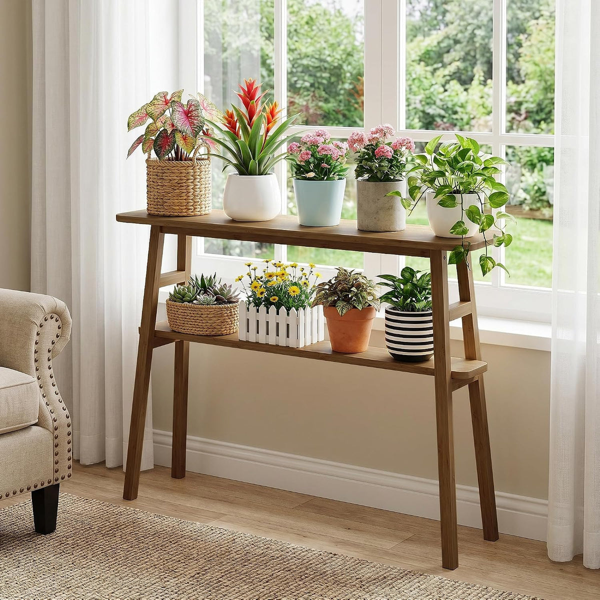 39.4" Solid Bamboo Entryway Console Table, Sofa Table Behind Couch, Narrow Bamboo Wood Entry Hallway Table with Storage Shelves for Living Room, Modern, Easy Assembly, Brown