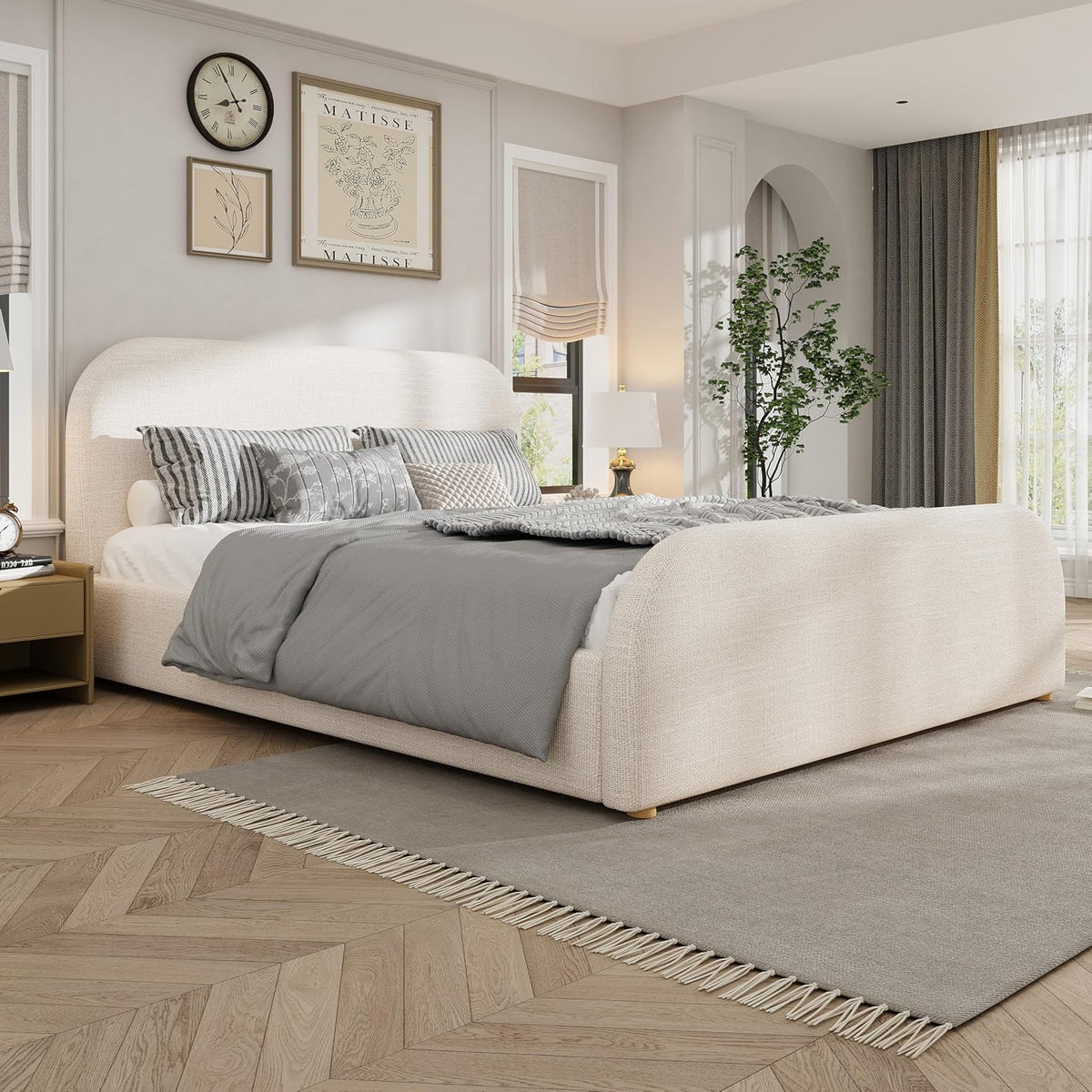 Merax King Size Bed Frame, Upholstered Linen Platform Bed with 44 Inch Tall Headboard & Footboard, Solid Wood Base, Soft Curved Edges Design King Bedframe, No Box Spring Needed, Easy Assembly, Beige