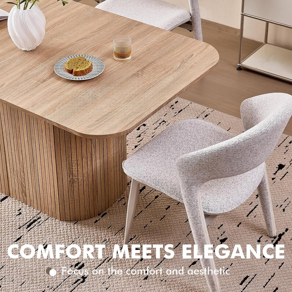 63" Large Dining Table for 4 6, [Rounded Corners] [Grooved Pedestal Base] Modern Rectangle Kitchen Dinner Dining Living Room Table