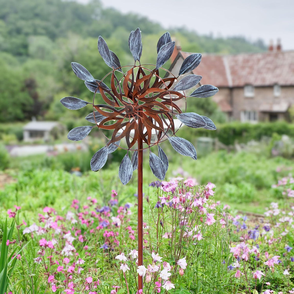 Sunnydaze Whirling Petals Metal Garden Wind Spinner - Spinner Outdoor Decor with 4-Point Step-in Stake - Dual-Wind Motion - 48" H