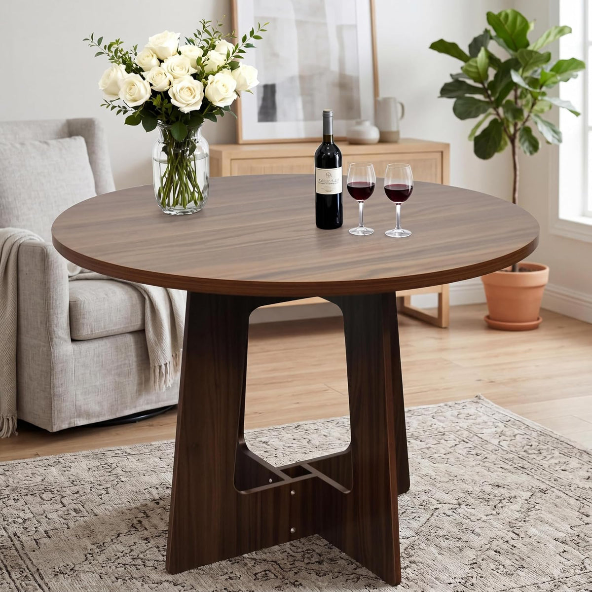 Round Dining Table for 4, 43.3" Kitchen Table for Dining Room, Circle Farmhouse Kitchen Table, Wood Dinner Table for Kitchen, Living Room, Apartment, Walnut Brown