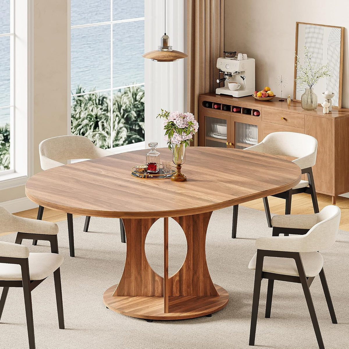 iPormis 43.3-59 Inch Extendable Round Dining Table for 6-8 People, Oval Dinner Table with Adjustable Top and A Stable Round Pedestal Base, Space Saving Wooden Kitchen and Dining Table, Walnut