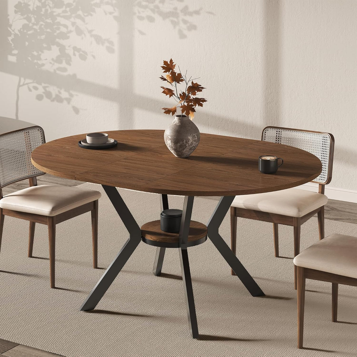 42"-58" Extendable Round Dining Table for 4-6, Kitchen Oval Table with Hidden Leaves & Storage Shelf, Space Saving Modern Design with Sturdy Metal Legs for Kitchen, Dining Room & Small Apartments
