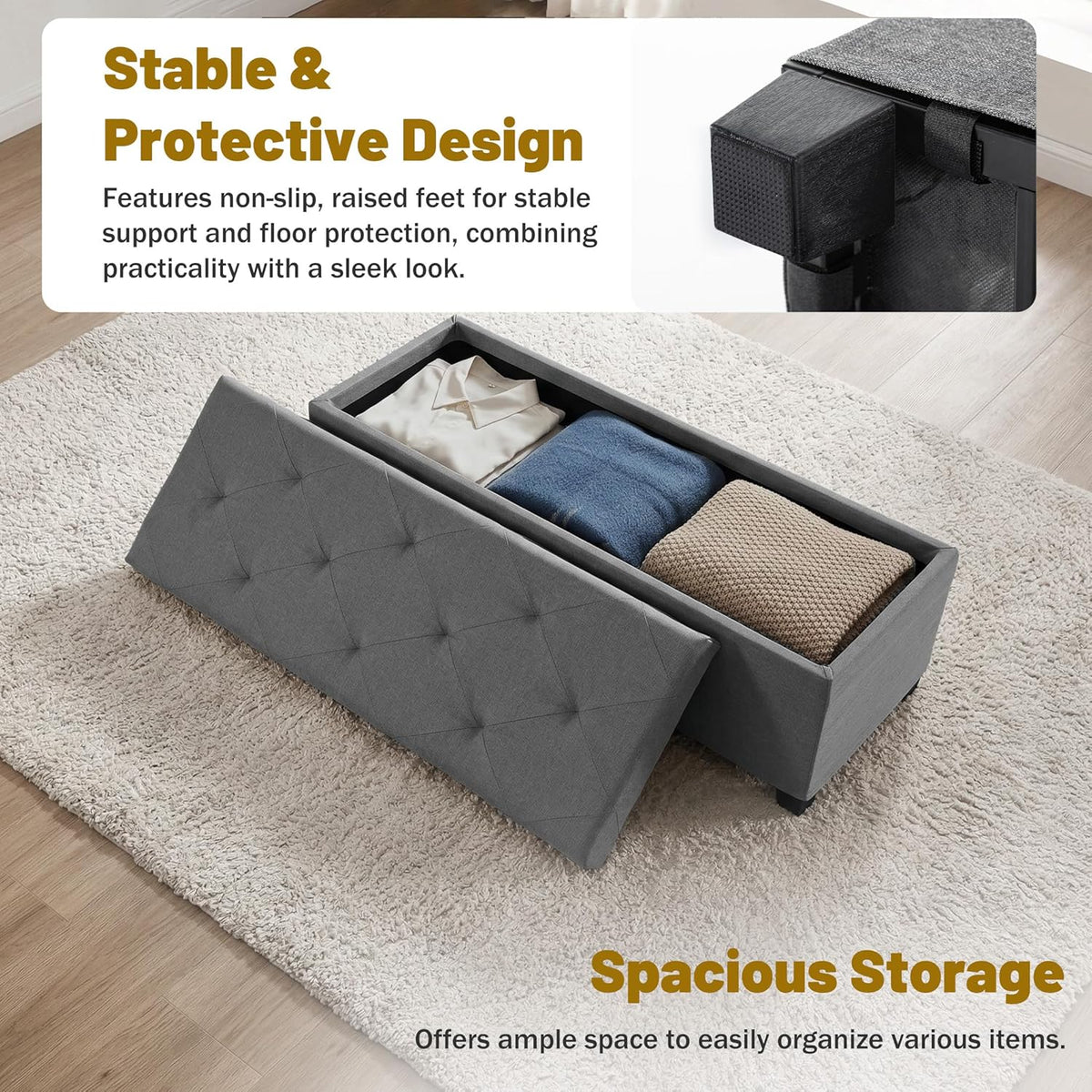 DUMOS Upholstered Storage Bench, End of Bed Ottoman, Extra Large 46.5 Gal (176L) Internal Volume, Foot Stool for Bedroom, Living Room, Sturdy Storage Chest, Dark Grey, 43.3" L x 15.7" W x 15.7" H