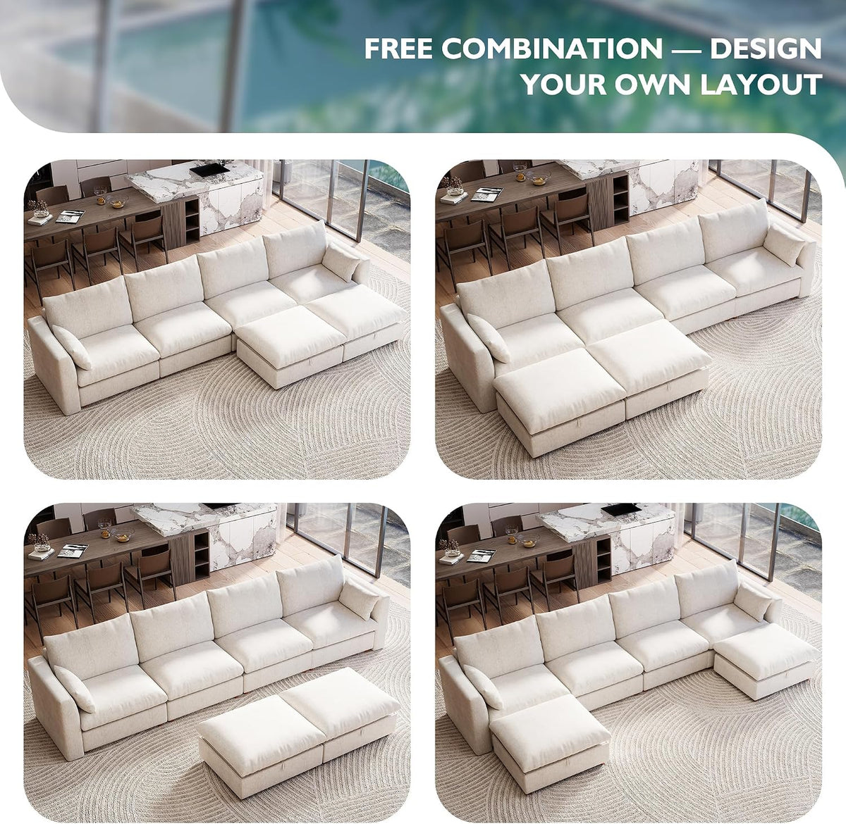 Ihanherry 152" Oversized Modular Sectional Sofa, Modern U Shaped Cloud Couch with 2 Storage Ottoman, 6-Seat Comfy Chenille Deep Seat Sofa with 2 Pillows for Living Room, Beige
