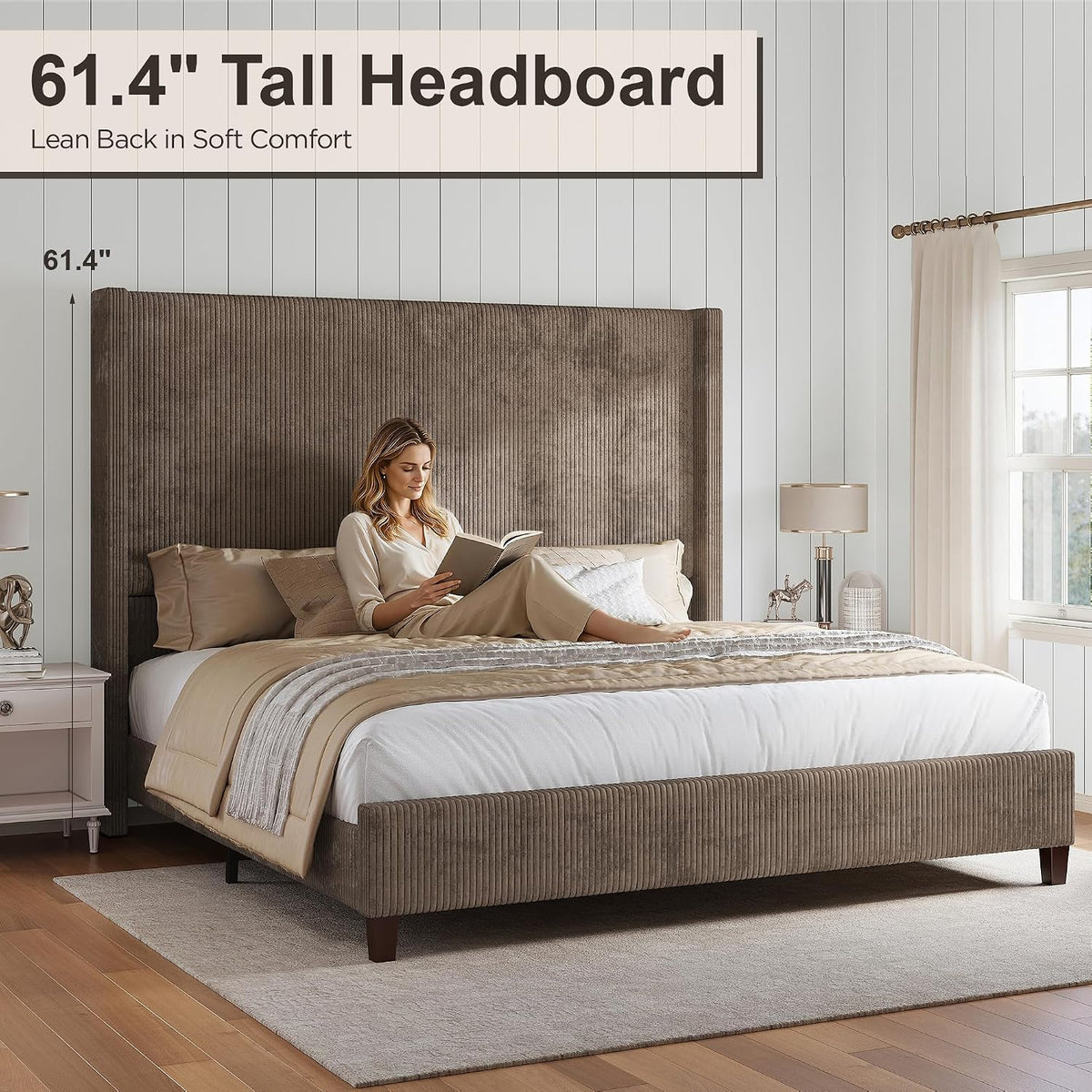 HOWE Upholstered Queen Bed Frame with 61" Tall Wingback Headboard, Chestnut