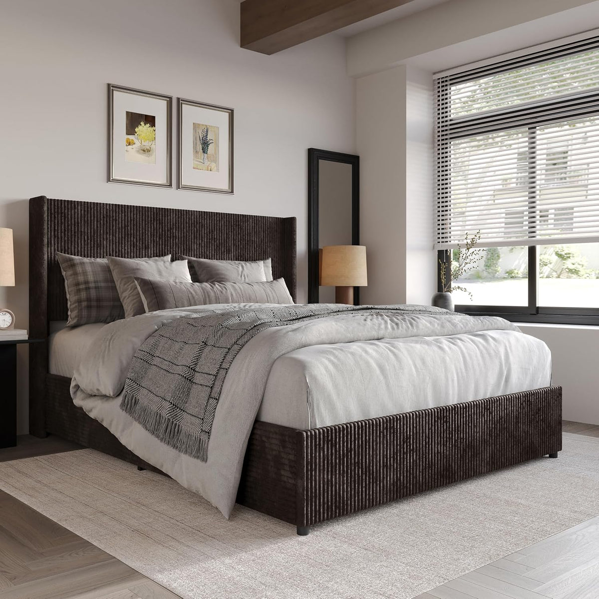 Queen Wingback Velvet Upholstered Platform Lift-Up Storage Bed, Vertical Stitching Design, Brown