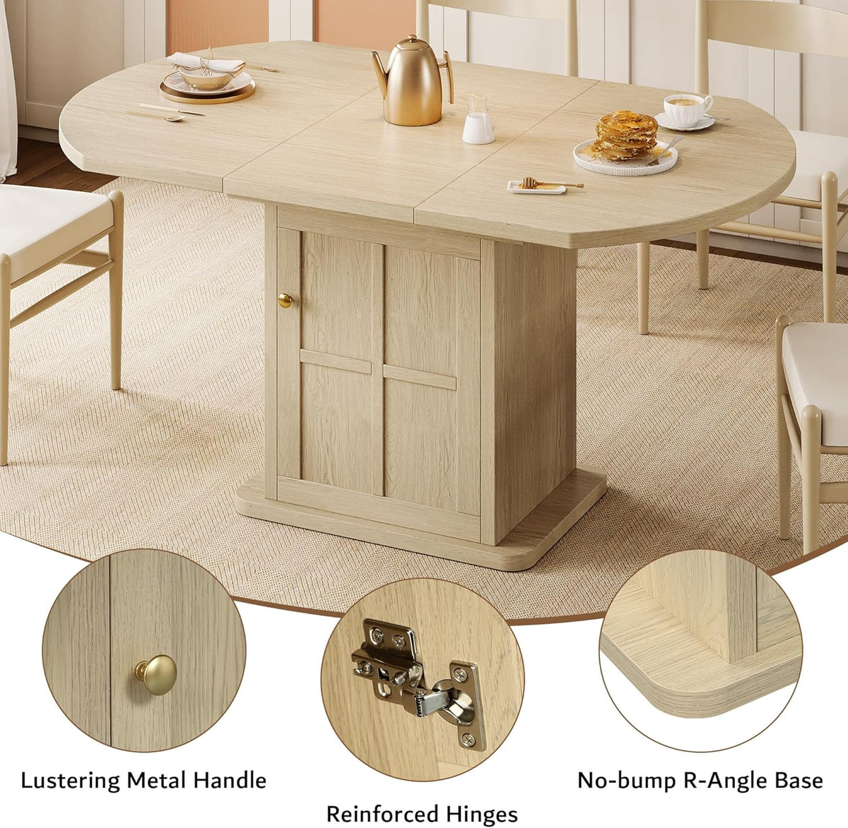 iPormis Round Dining Table for 4-6, 59'' Extendable Dining Room Kitchen Table with 2-Tier Storage Shelf, Wood Dinner Table with Door & Pedestal Base, for Kitchen Living Room, Space Saving, Natural
