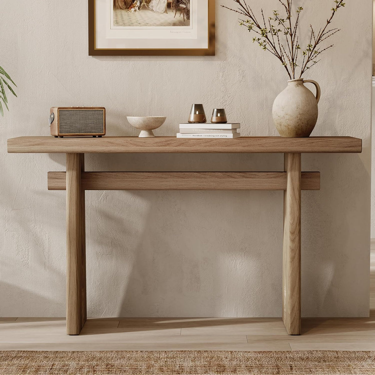 59.25" Long Console Table with Geometric Silhouette, Modern Wooden Hallway Table Accent Sofa Table, Extra Long Entryway Table for Living Room, Foyer, Corridor (Brown)