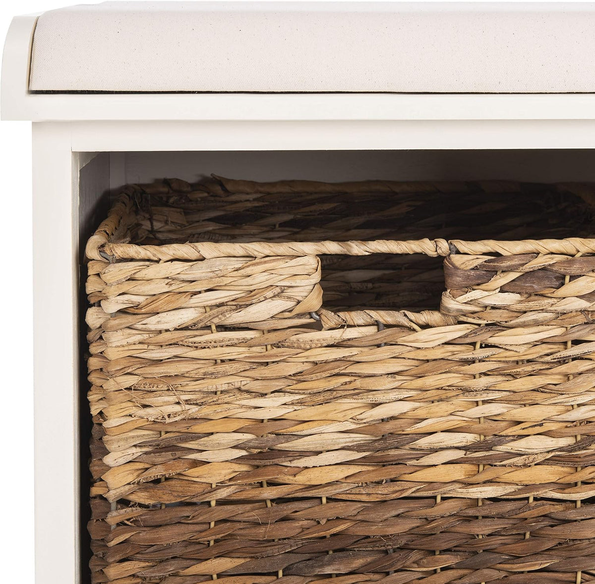 SAFAVIEH Furniture - Freddy 2-Basket Storage Bench - Vintage White - Solid Wood - Coastal Basket Storage Design - Ideal for Entryway, Living Room, Hallway, 18" Seat Height - Fully Assembled (AMH5736D)