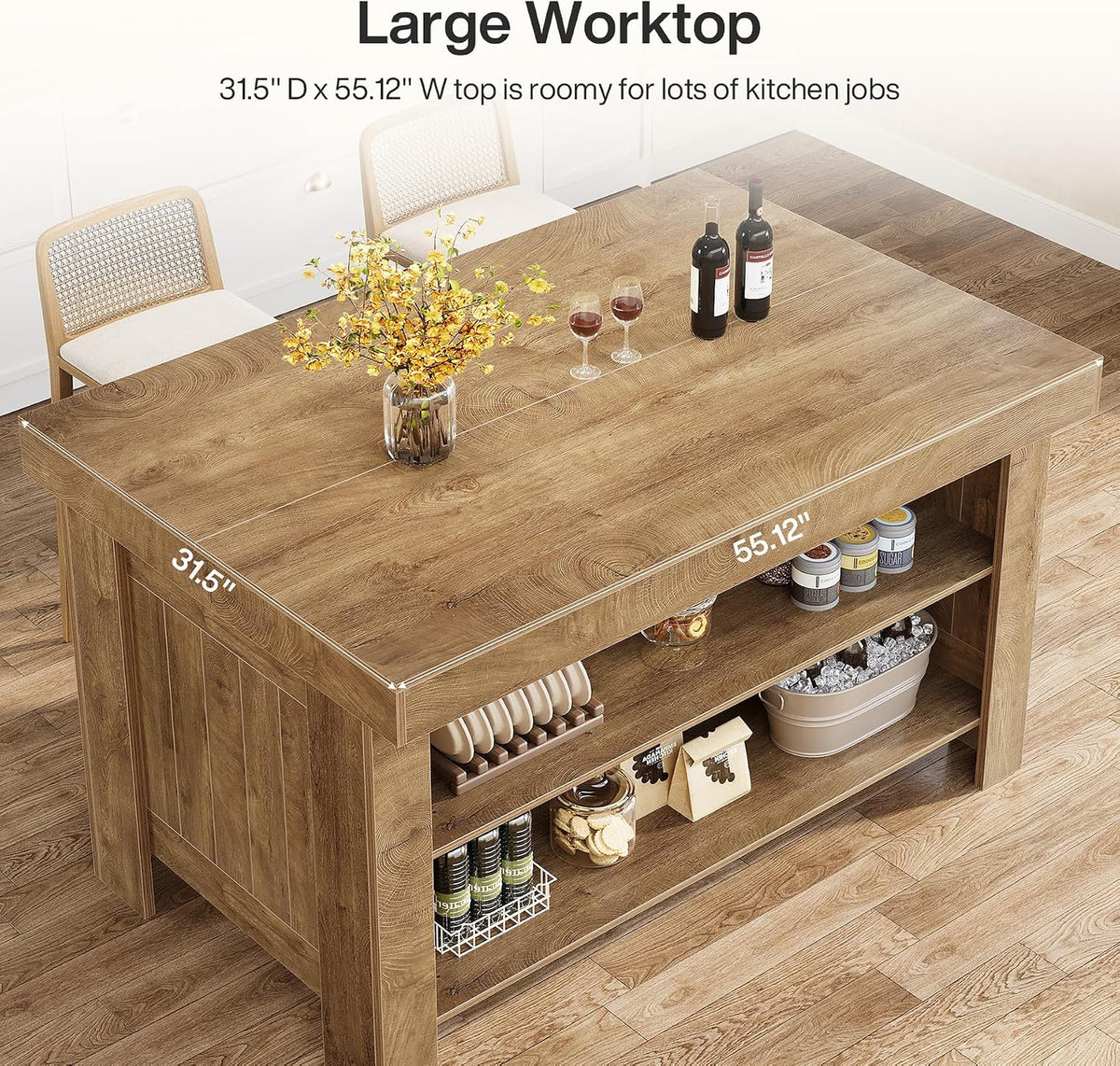 Tribesigns 55" Kitchen Island with Storage & Seating (Natural Brown | Farmhouse Wooden Island with Stationary Worktop, Open Shelves, and Legroom, Dining Prep Station for Home Kitchen