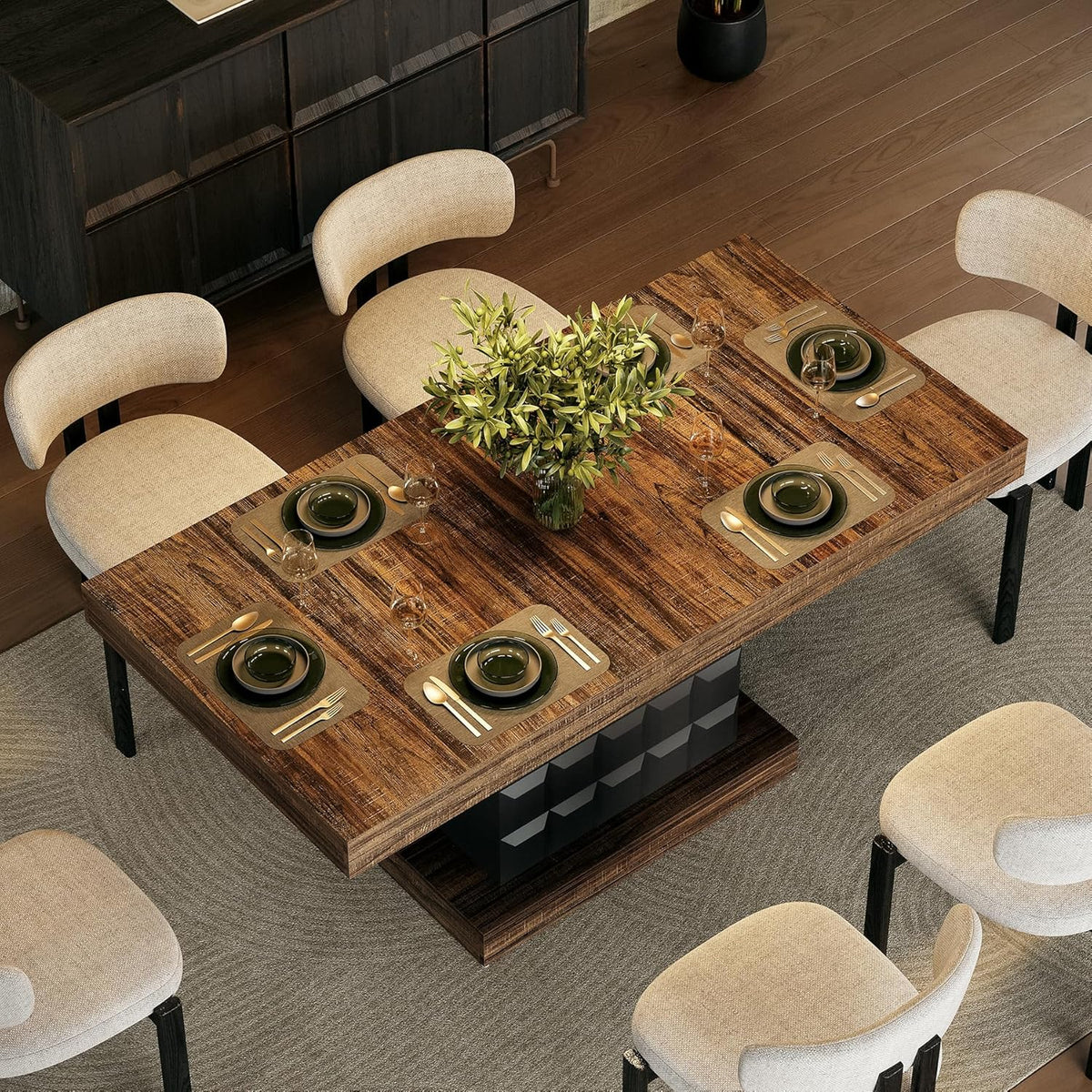 LITTLE TREE 63" Modern Dining Table, Rectangular Dinner Table for 4-6, Farmhouse Kitchen Table, Sturdy Wood Pedestal Base for Kitchen/Dining Room, Rustic Brown & Black
