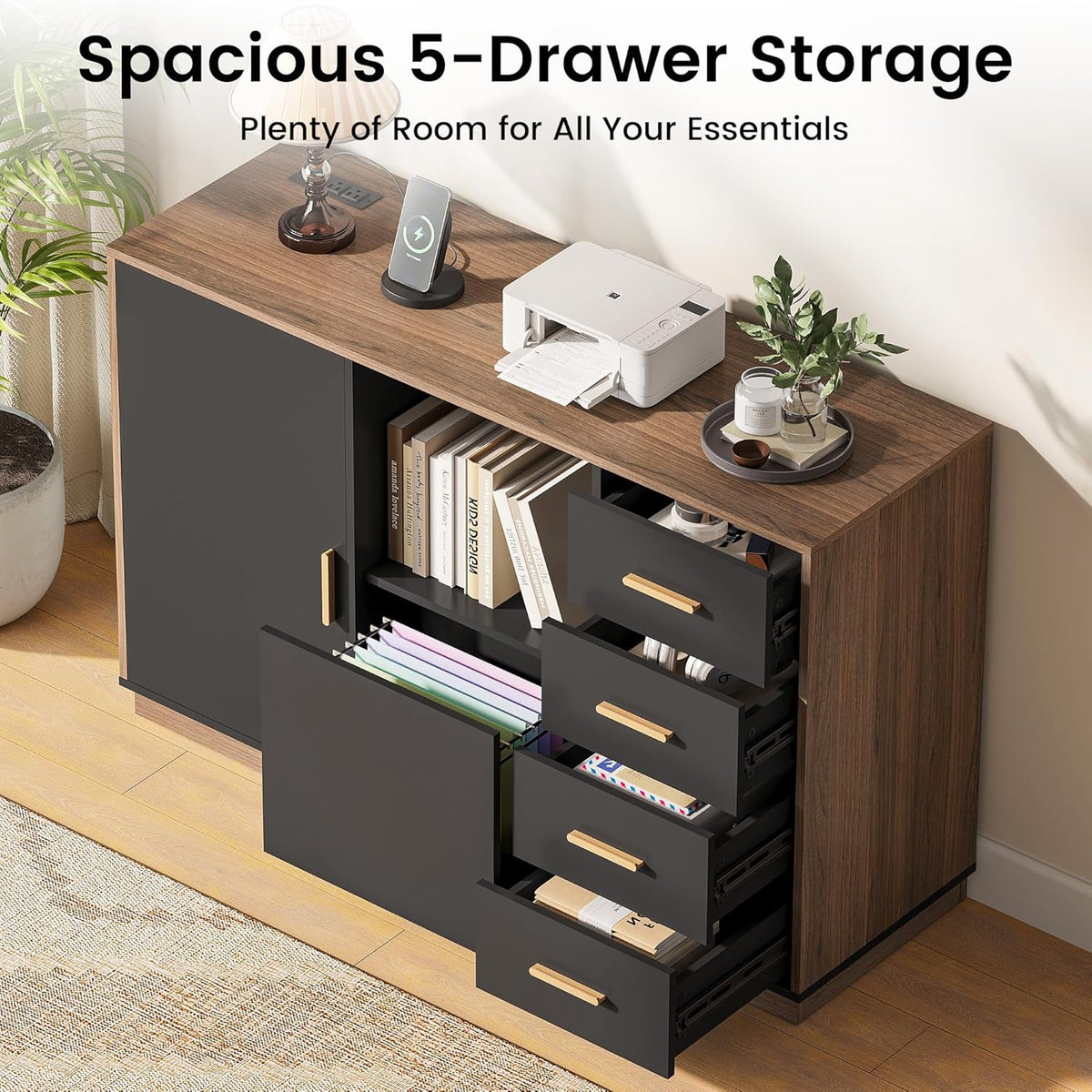 ModernMate 5 Drawer File Cabinet with Charging Station, Storage Cabinet with Door & Adjustable Shelves, Printer Stand with Open Shelf for Home Office, Fits A4/Letter Size, Black Walnut