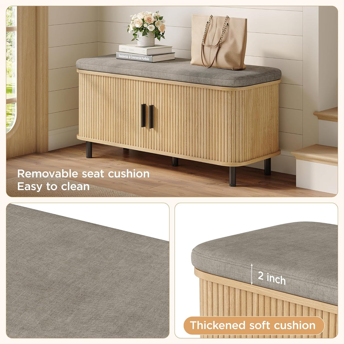 Maupvit Shoe Storage Bench with Smooth Fluted Sliding Doors, 2 Tier Hidden Shoe Organizer Cabinet, Adjustable Shelf & Comfy Cushion Seat for Entrance, Mudroom, Front Door, 39" W Shoe Rack Natural Oak