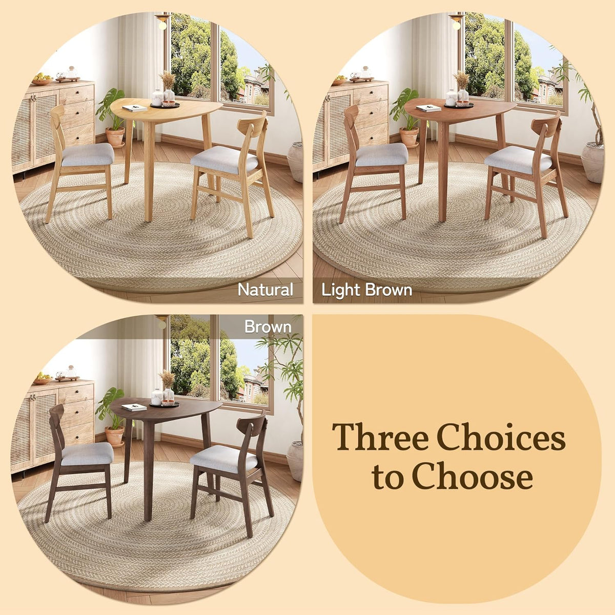 P PURLOVE Modern 3 Piece Table Set, Triangular Table and 2 Curved Wood Chairs for Living Room, Dining Room, Kitchen, Small Space, Minimalist Space-Saving (Light Brown)