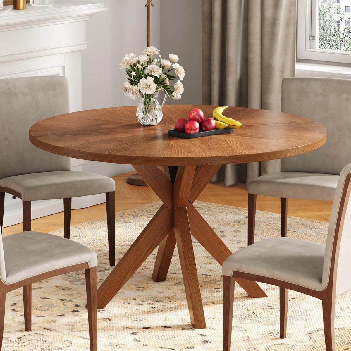 Solid Wood Round Dining Table for 4-6, Wooden Intersecting Pedestal Base, Farmhouse Round Dining Room Table for Home Dining Room, Kitchen, Living Room