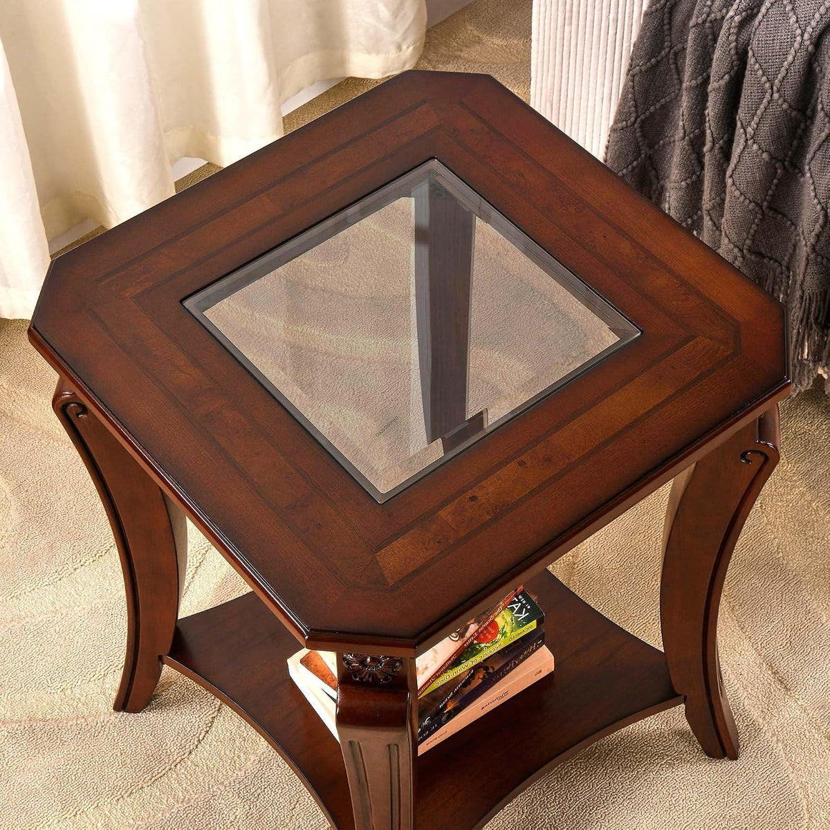 PADMA HOUSE Traditional Wood End Table with Glasstop and Curved Legs, Square Solid Wood Sofa Side Table with Storage Shelf, 2-Tier Glass Bedside Tables in Cherry for Living Room,19.7 * 19.7 * 23.8in