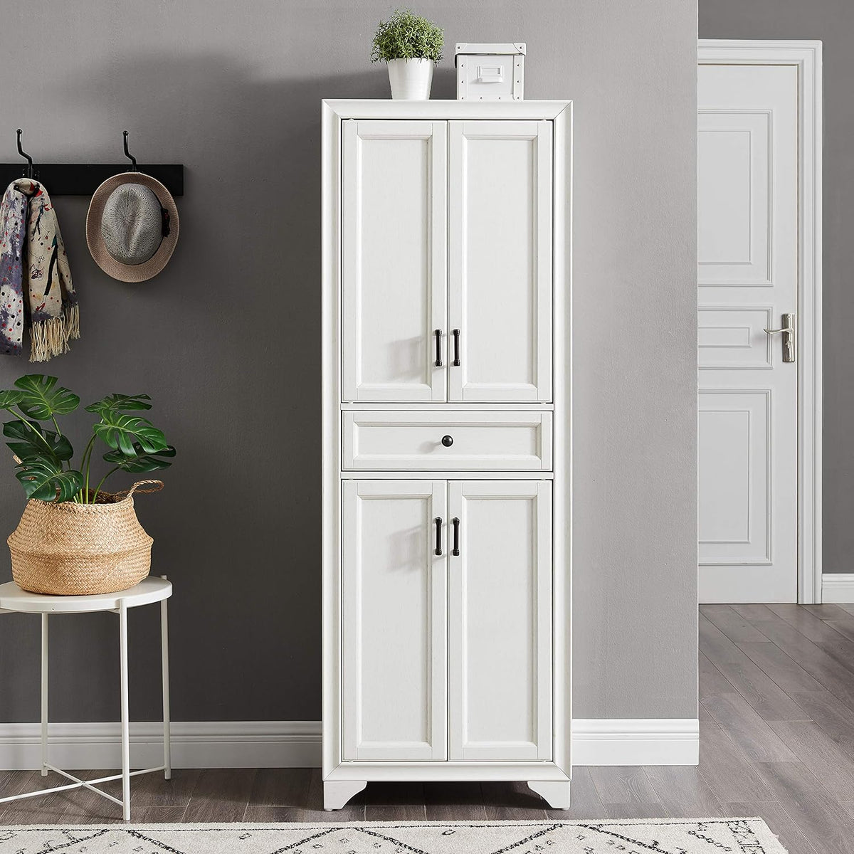 Crosley Furniture Tara Pantry Storage Cabinet with Shelves, Kitchen, Dining, or Laundry Room, Distressed White