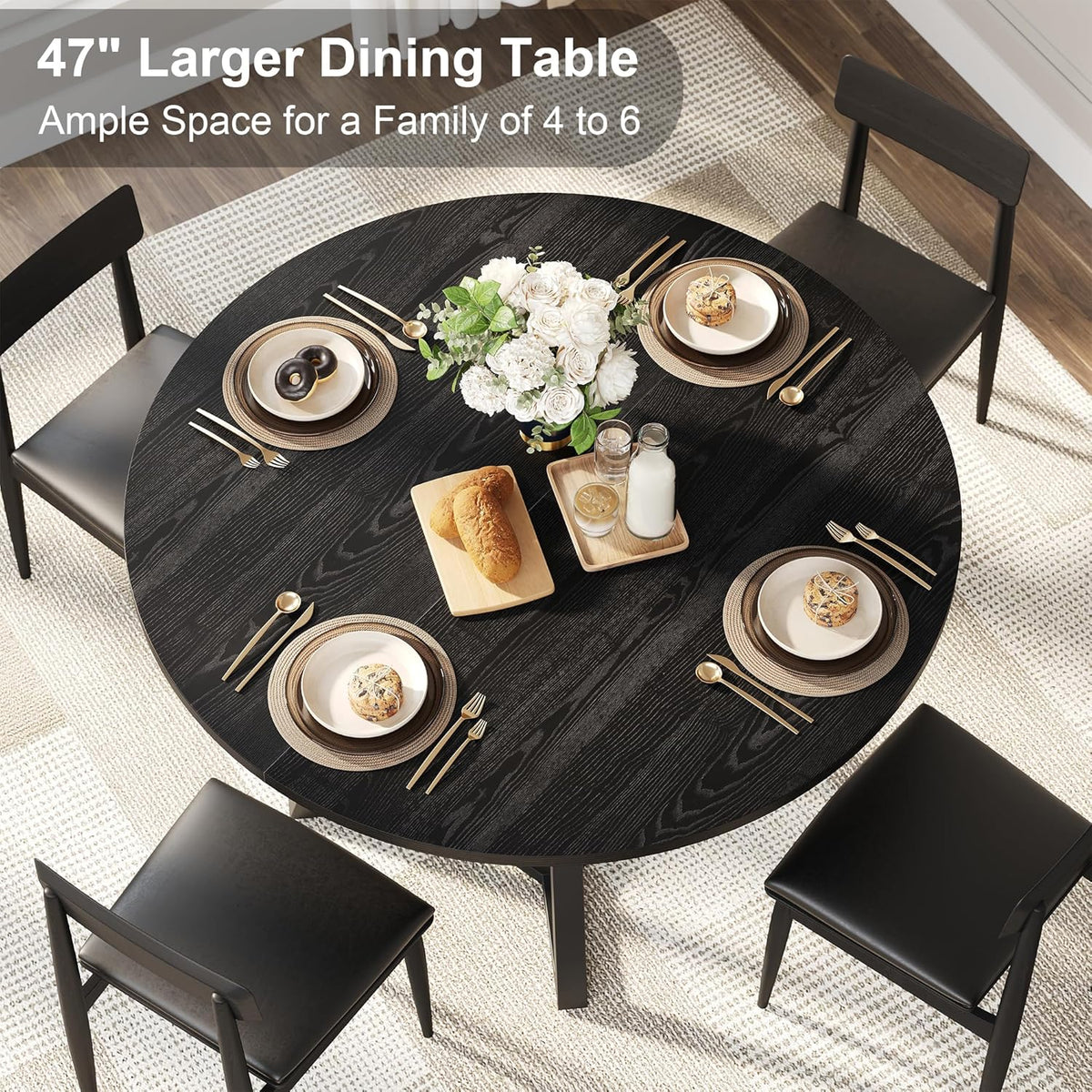 knoworld 47" Round Dining Table for 4, Kitchen Tables Dining Room Circle Dinner Table with Pedestal Metal Frame, Space Saving Wood Industrial Kitchen & Dining Room Tables, Black 47In