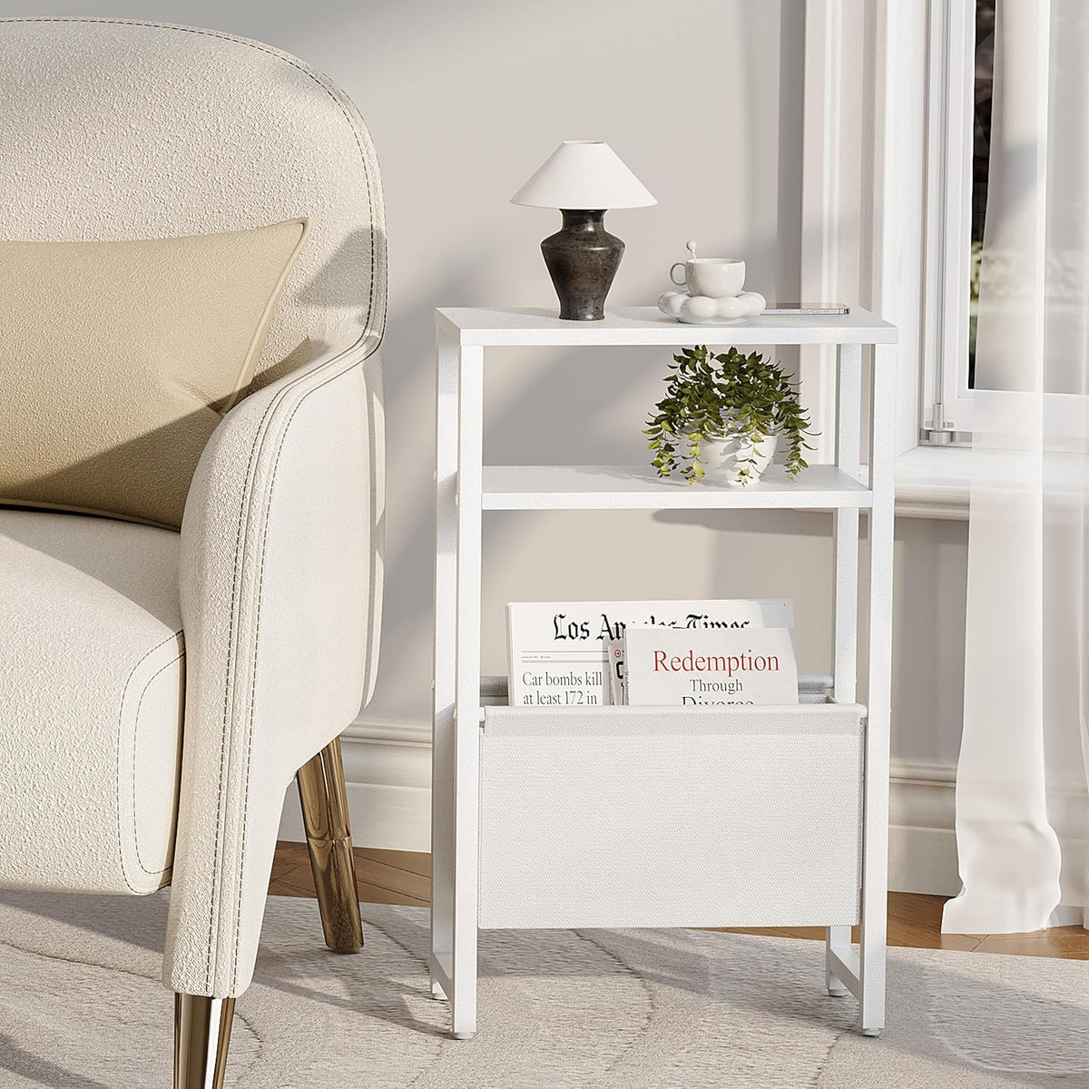 Narrow Side Table, Slim End Table with Magazine Rack, Skinny Bedside Table for Small Spaces, 3 Tier Sofa Couch Table Nightstand for Living Room, Bedroom, White LET503W
