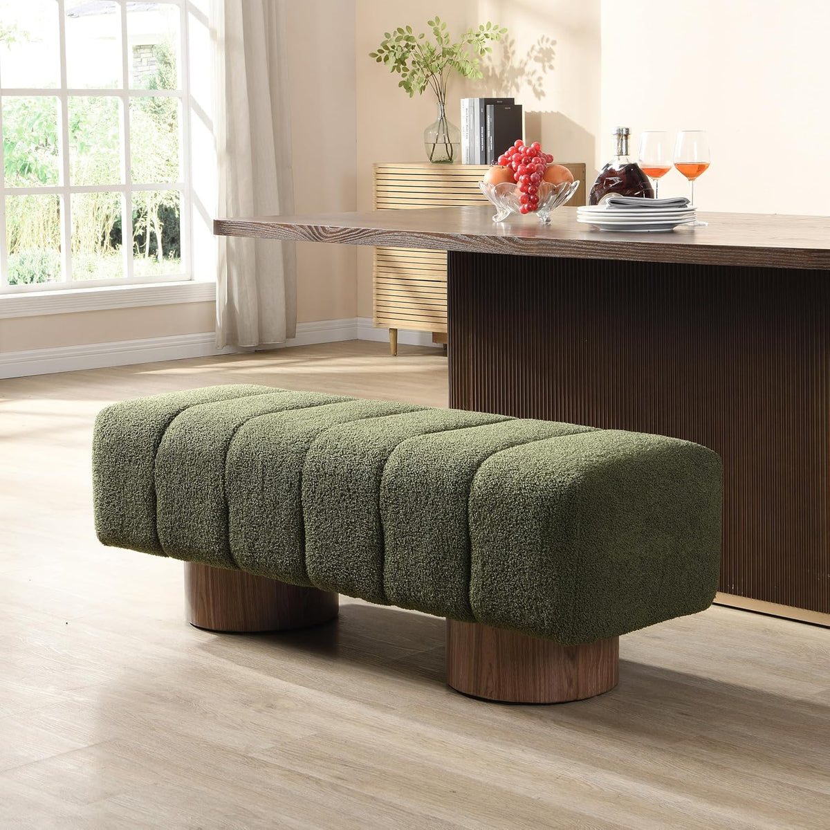 Merax 50" Green Boucle Upholstered Dining Bench Entryway Bench | No Assembly Required, End of Bed Ottoman, for Living Room Dining Room Bedroom, Floor-Friendly Feet Pads, Bear 300 LBS