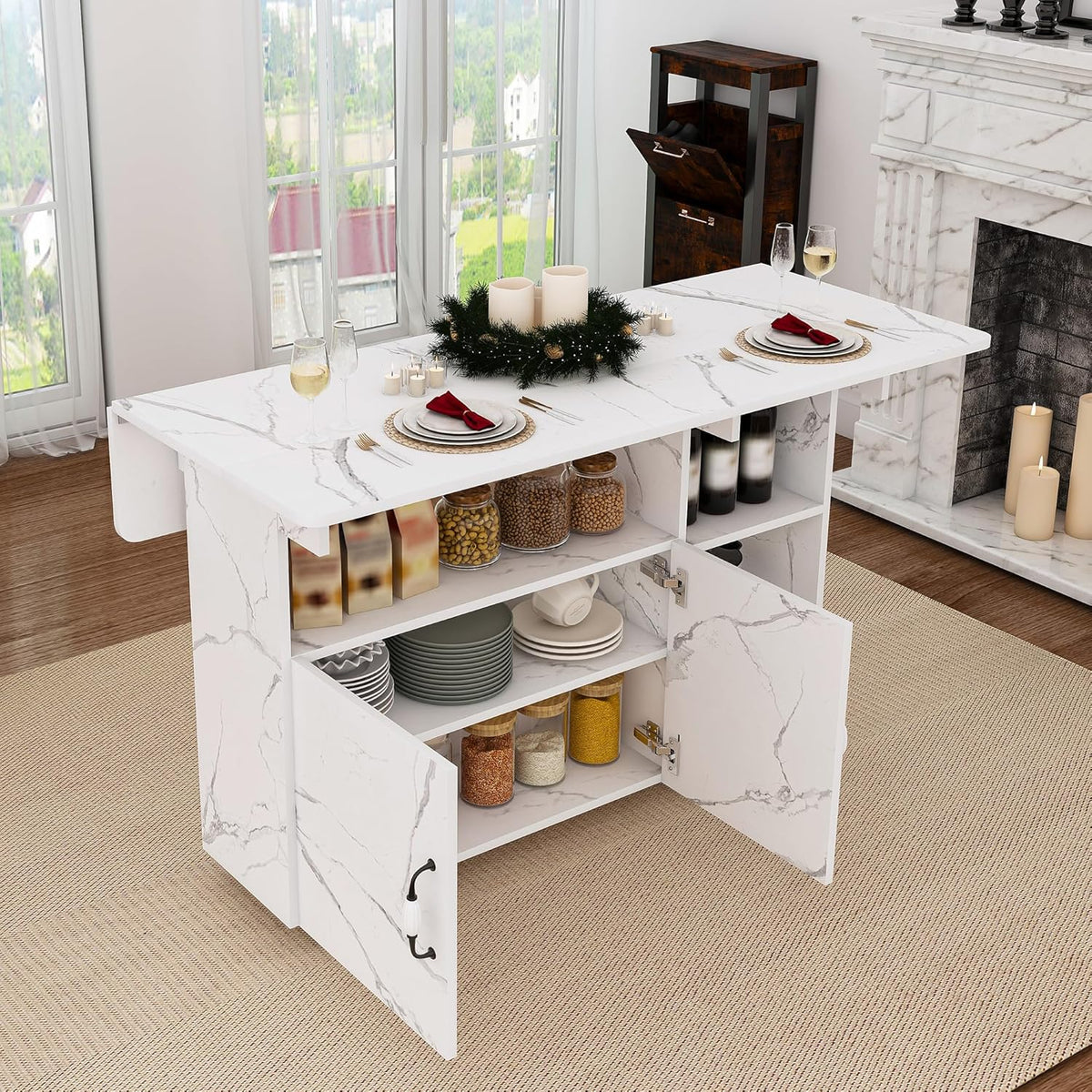Multi-Functional Folding Dining Table Kitchen Island with Storage Shelves and Wheels, Space Saving Dining Tables Compact Desk for Dining Room, Kitchen, Dorm, Office (White)
