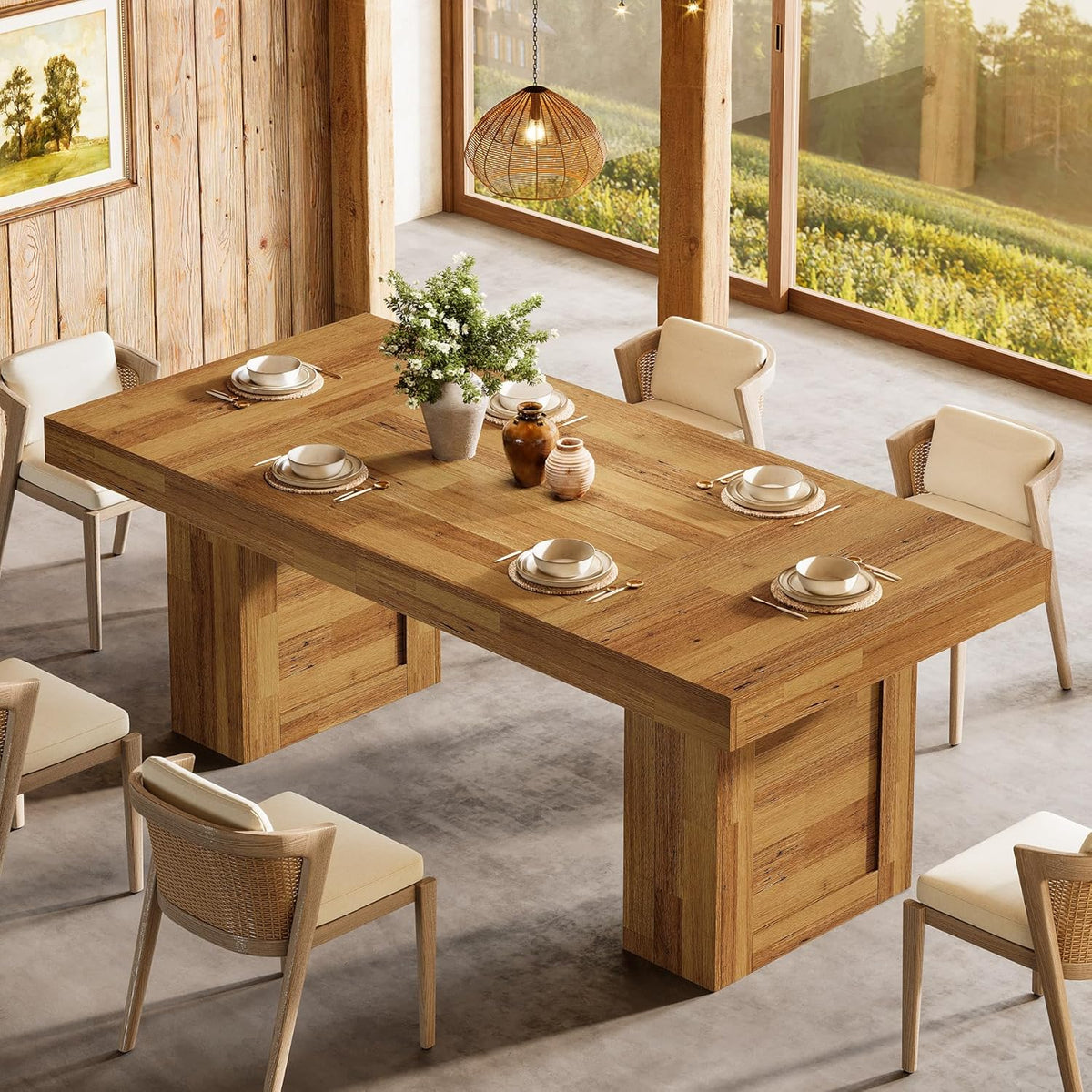 Tribesigns 63'' Farmhouse Dining Table for 6, Rectangle Wooden Kitchen Table with Heavy-Duty Legs, Rustic Large Dining Room Furniture for Family Meals, Banquets & Dinner Parties, Oak