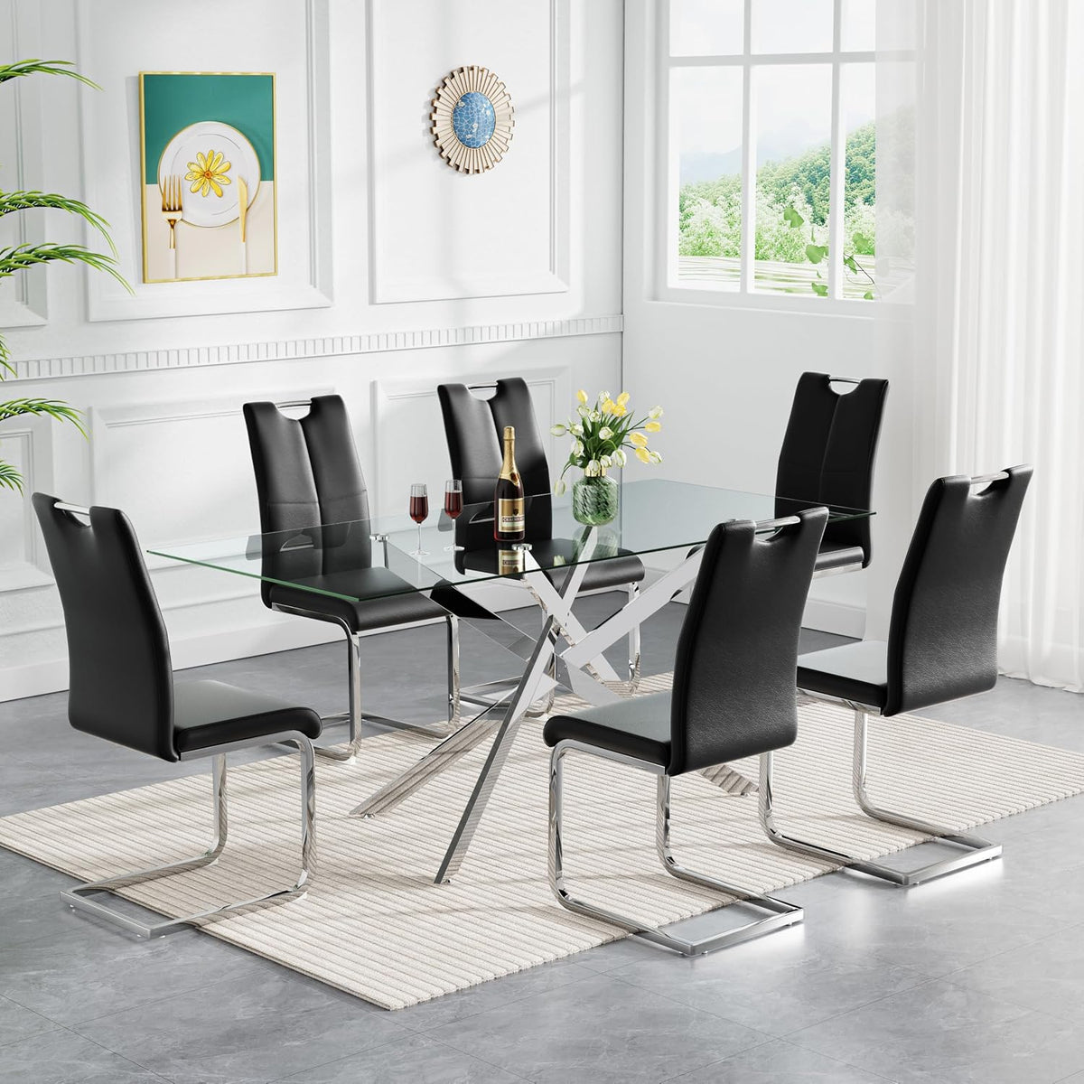 7 Piece Modern Dining Table Set of 6, 61" Tempered Glass Rectangle Dining Tables and 6 Leather Black Dining Chairs, 60 inch Kitchen Tables with Silver Metal Base, Large Dining Table Set