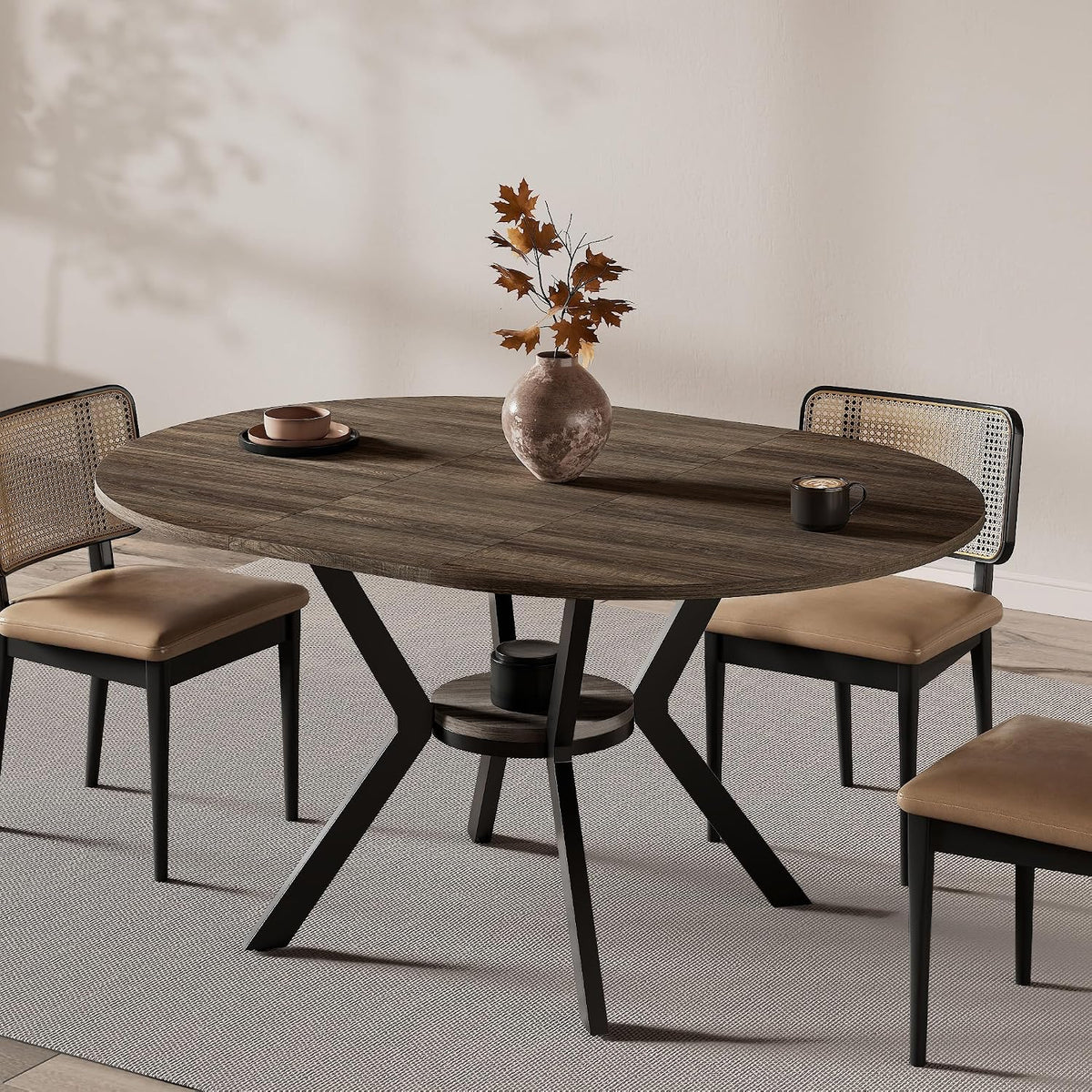 MECHYIN 42"-58" Extendable Round Dining Table for 4-6,with Storage Shelf | Space‑Saving Modern Oval Dining Table, Built‑in Flip Leaf, Sturdy Metal Legs, for Kitchen & Dining Room,Small Apartments