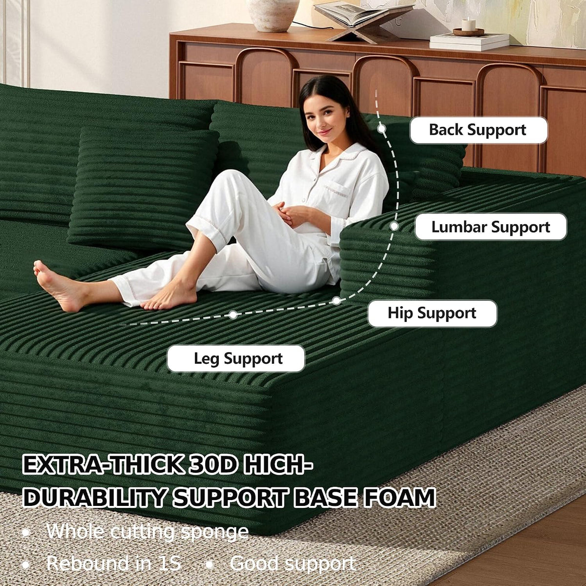 MoonSpeak 107" Sectional Couches for Living Room.Deep Seat Corduroy L Shaped Modular Sofa.Cloud Sectional Sofa.Upholstered Couches with Oversized Chaise(Green,Right Chaise)