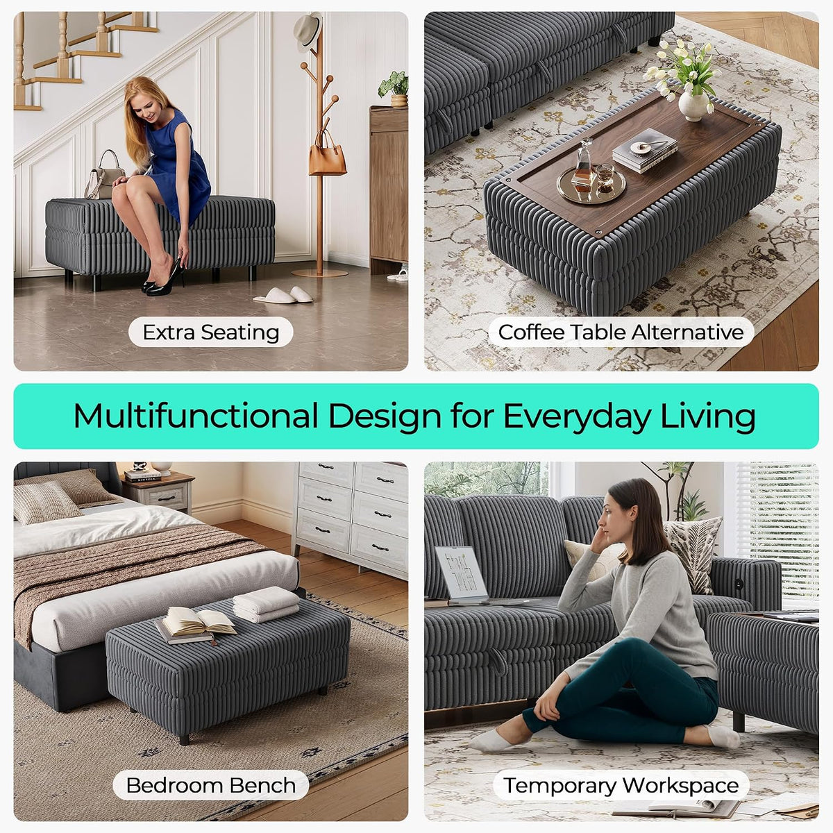 LINSY HOME Sectional Sleeper Sofa Storage Ottoman Bench, Convertible Coffee Table Plush Corduroy Couch Ottoman Footstool for Living Room, Bedroom Entryway and Family Room, Grey