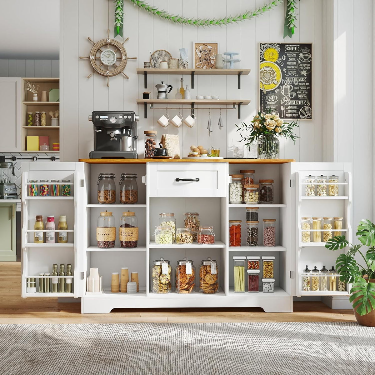 Gizoon 45" Kitchen Sideboard Buffet Cabinet with Storage Coffee Bar Cabinet with Drawer, Kitchen Pantry Storage with Door and Shelves for Bathroom and Living Room, White and Rustic