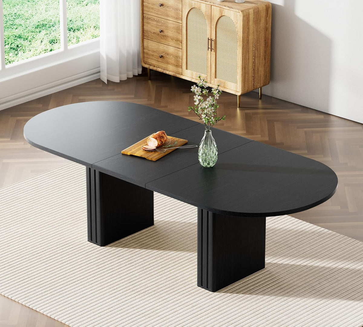 63"-79" Extendable Dining Table Set with 6 Beige Chairs, 7 Piece Oval Kitchen Dining Room Table Set for 6, Modern Space-Saving Expandable Large Dinner Tables Set with Double Pedestal Base,Black