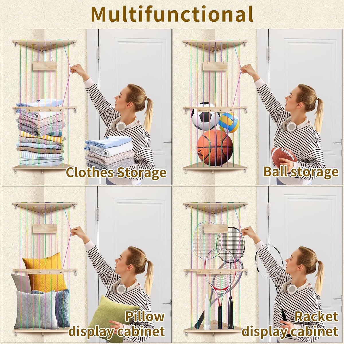 Corner Stuffed Animal Storage Toy Storage Organizer Stuffed Zoo Storage Wood Stuffed Toy Holder DIY Storage W/Star Pattern Hook Colorful Light Adjustable Double Layer Toys Storage for Nursery Bedroom