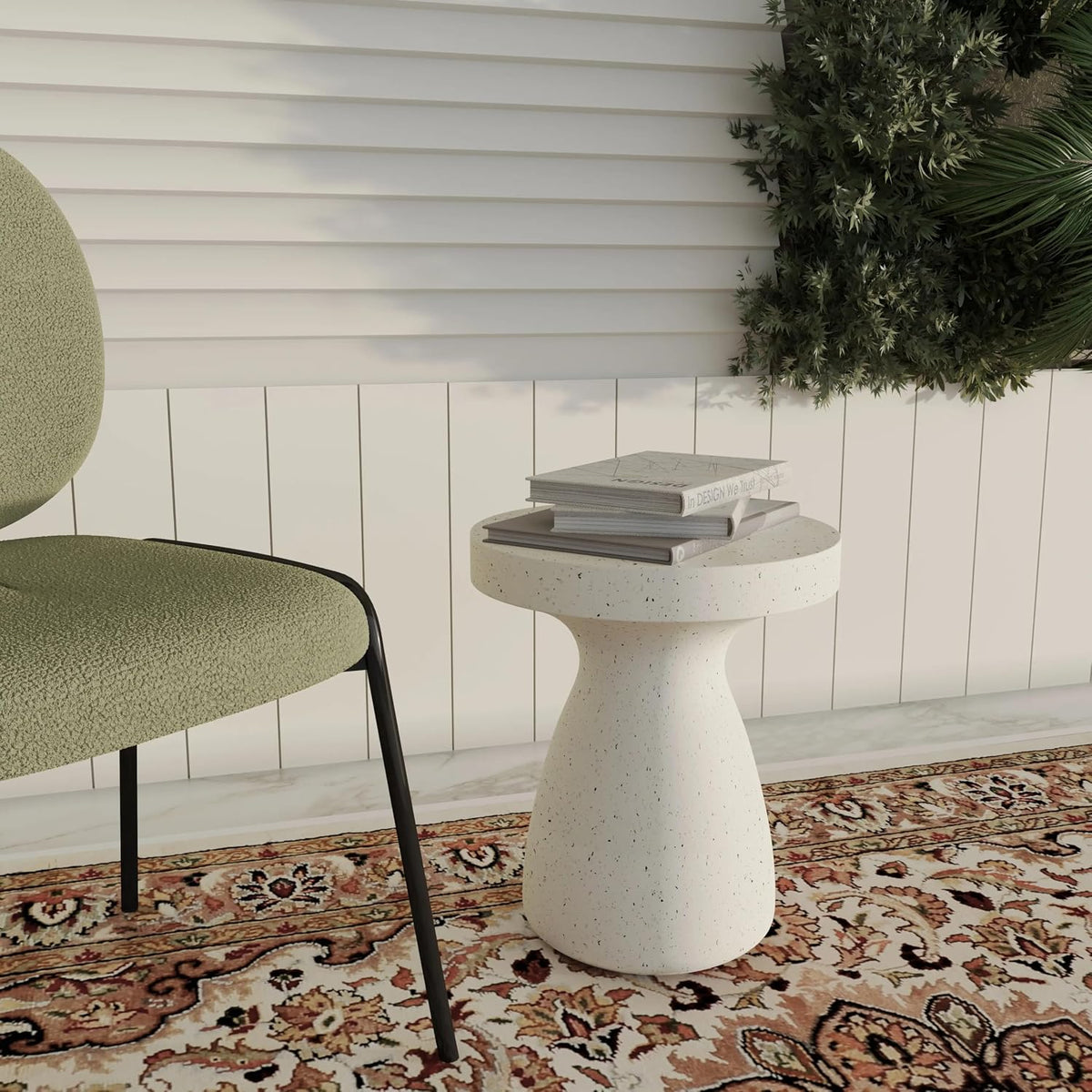 LeisureMod Wisp 16" Modern Wide Round Fiberstone Hourglass Design Side Table - Stylish Accent End Table
