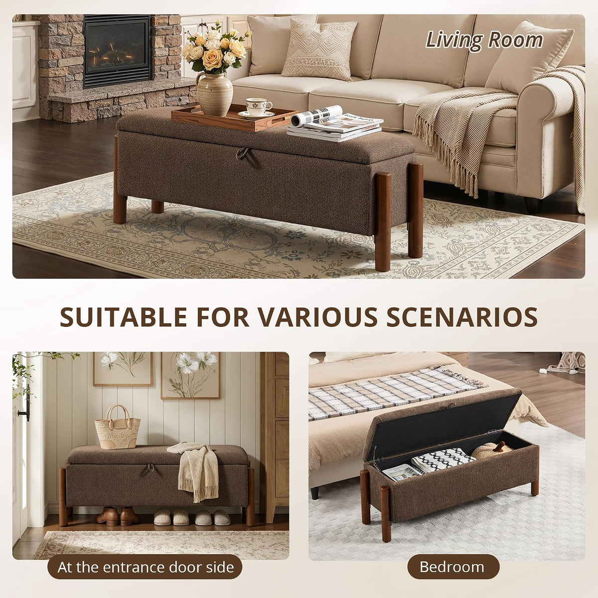 47'' Modern Storage Ottoman Benches with Walnut Wood Legs Ottoman Bench with 22 Gallons Storage Space Fabric Upholstered Seating End of Bed Bench for Bedroom for Livingroom Brown