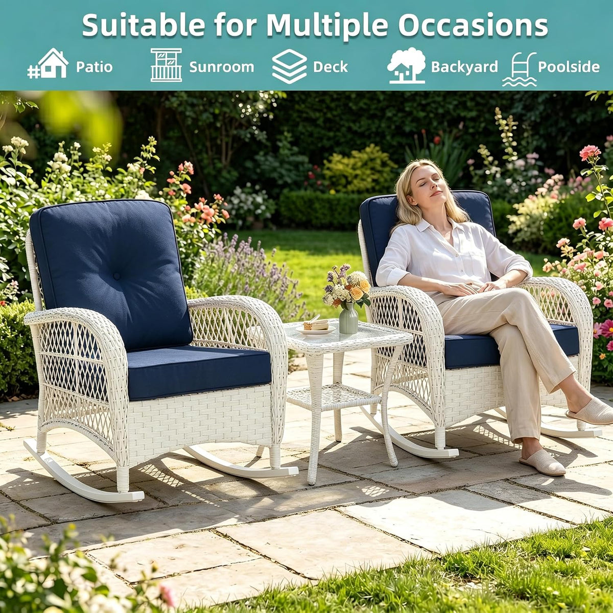 MEETWARM Outdoor Wicker Rocking Chairs Set of 2, Rattan Patio Rocker Chairs with Thick Cushions and High Back, All-Weather Patio Wicker Chair with Safe Rocking Design for Garden, Cream White/Navy